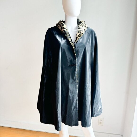 Vintage Reversible Animal Print Black Nylon Cape w hood  OS - Picture 6 of 8